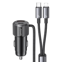 USAMS φορτιστής αυτοκινήτου CC287 με 2 σε 1 καλώδιο, USB/USB-C θύρες, 66W, μαύρος
