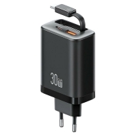 USAMS φορτιστής τοίχου CC296 με καλώδιο, USB & USB-C, 30W, μαύρος