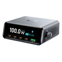 POWERTECH σταθμός φόρτισης PT-1622 με οθόνη, USB & 4x USB-C, GaN, 100W, ασημί