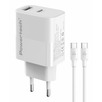 POWERTECH φορτιστής τοίχου PT-1636 με καλώδιο, USB/USB-C, 30W, GaN, λευκός