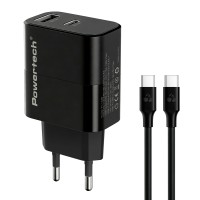 POWERTECH φορτιστής τοίχου PT-1638 με καλώδιο, USB/USB-C, 30W, GaN, μαύρος