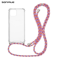 Θήκη Σιλικόνης με Κορδόνι Sonique Armor Clear Apple iPhone 14 Rainbow Κοραλλί