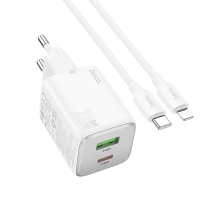 HOCO N41 charger USB A + Type C + cable Type C to Lightning PD QC 3A 20W white