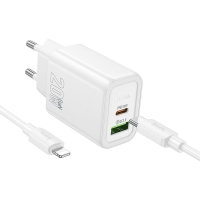 Hoco N61 wall charger 1*USB-A + 1*USB-C + Type C to Lightning cable PD QC3.0 3A 20W white
