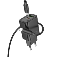 HOCO N63 wall charger 1*USB-A + 1*USB-C + USB-C to Lightning cable PD QC3.0 3A 30W black