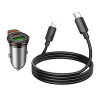Hoco NZ16A car charger USB A + Type C + cable Type C to Lightning PD QC3.0 43W metal gray