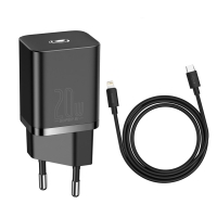 BASEUS 220V 20W, 1*USB-C + USB-C to Lightning cable, Super Si (black) - TZCCSUP-B01