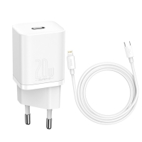 BASEUS 220V 20W, 1*USB-C + USB-C to Lightning cable, Super Si (white) - TZCCSUP-B02