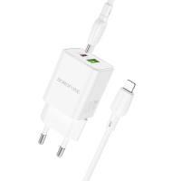 Borofone Wall charger BN14 Royal GaN - 1*USB-A + 1*USB-C - QC 3.0 PD 30W with Type C to Lightning cable white