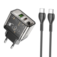 HOCO N34 wall charger USB A +Type C + cable Type C toType C PD QC3.0 3A 20W transparnent
