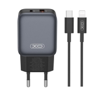 XO 220V 30W, USB-A + USB-C GaN Nitride + cable USB-C to Lightning, L156 black