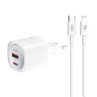 XO 220V 30W, USB-A + USB-C + cable USB-C to Lightning, GaN Nitride, white - CE21
