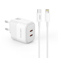 XO 220V 35W, 2xUSB-C, cable Type-C - Lightning, GaN Nitride, white - L140