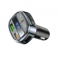 Car charger Hoco USB-A + USB-C PD QC 3.0 5A 30W with digital display + transmitter FM BT E70 obsidian black