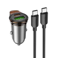 Car charger Hoco USB-A + USB-C QC3.0 PD 43W + cable USB-C to USB-C NZ16A metal gray