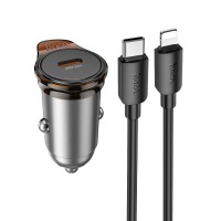 Car charger Hoco USB-C QC PD 30W + cable USB-C to Lightning NZ16 metal gray