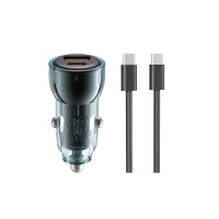 XO 12V 60W car charger, USB-A + USB-C, cable USB-C to USB-C black + blue - CC60