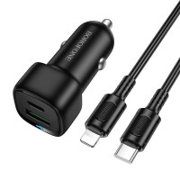 Borofone Quantity Discount Borofone Car charger BZ34B Cloud - USB + Type C - QC 3.0 PD 38W with Type C to Lightning cable black