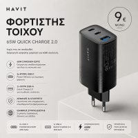 Havit UC20 Φορτιστής Χωρίς Καλώδιο με Θύρα USB-A & 2 Θύρες USB-C 65W Power Delivery & Quick Charge 3.0 Black