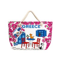 Τσάντα Θαλάσσης Greece με Σχέδιο Παραδοσιακό Σπιτάκι και Γάτες - Greece Beach Bag with Traditional House and Cats Design