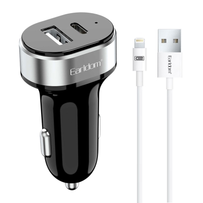 Car socket charger Earldom ES-CC14, 1xUSB, 1xType-C, With Lightning cable, Black - 40242