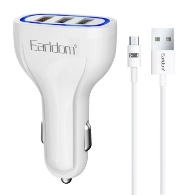 Car socket charger Earldom ES-CC13, 3xUSB, QC3.0, With Micro USB cable, White - 40252