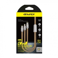 Awei CL-21 FastCharger Cable Type C-MicroUsb-Lightning 2.4A 3in1 Gold 1.5m