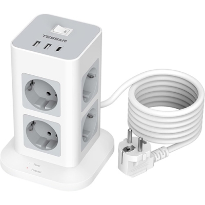 TESSAN 11 IN 1 TOWER SURGE PROTECTOR 8xSCHUKO, 2xUSB, 1xTYPE-C, 2M CABLE