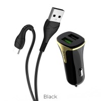 HOCO - Z31 Car Charger Dual Port PD QC3.0A + USB Fast Charging 3.4A 18W With Type C Cable Black